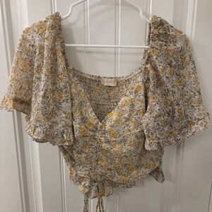 Altar'd State Yellow Floral Crop Top With Puff Sleeves